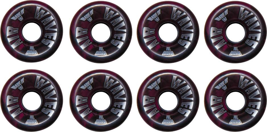 Eight Airwaves 78A Quad Roller Skate Wheels - Dark Pink Swirl 65mm x 36mm (8 Pack), each marked “WAIVES” and “AIR”; outdoor wheels made of 78A polyurethane, arranged in two rows of four.