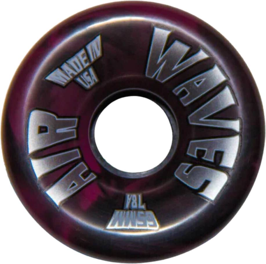The Airwaves 78A Quad Roller Skate Wheels - Dark Pink Swirl 65mm x 36mm (8 Pack) feature “AIR WAVES” and “65MM 78A” in silver, made from 78A polyurethane. MADE IN USA. Perfect for quad roller skates.