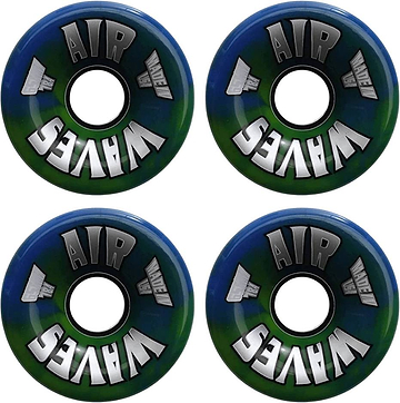 Eight Airwaves 78A Quad Roller Skate Wheels - Green Swirl 65mm x 36mm, featuring bold silver “AIR WAVES” lettering, are arranged in a square pattern on a white background.