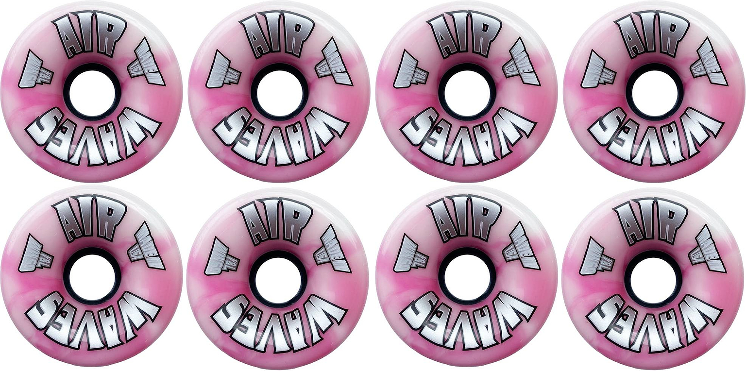 Eight Airwaves 78A Quad Roller Skate Wheels - Pink Swirl 65mm x 36mm (8 Pack), perfect for outdoor skating, arranged in two rows on a white background.