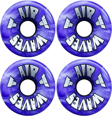 Eight Airwaves 78A Quad Roller Skate Wheels - Purple Swirl 65mm x 36mm are shown in a square on a white background, each with “AIR WAVES” printed in white and silver.