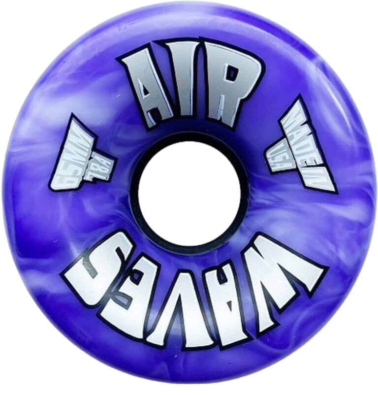 The Airwaves 78A Quad Roller Skate Wheels - Purple Swirl 65mm x 36mm (8 Pack) feature bold “AIR WAVES” branding, a white swirl, “MADE IN USA,” and are perfect for recreational skating.