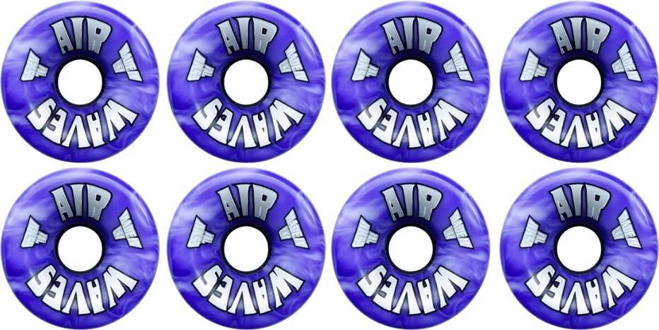 Eight Airwaves 78A Quad Roller Skate Wheels - Purple Swirl 65mm x 36mm, branded “AIR WAVES” in white and black, arranged in two rows—perfect for quad roller or recreational skates.