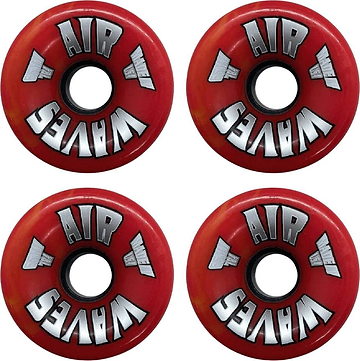 Eight red swirl Airwaves 78A Quad Roller Skate Wheels (65mm x 36mm) with bold white “AIR WAVES” lettering and a white arrow design, arranged in a square pattern on a white background.