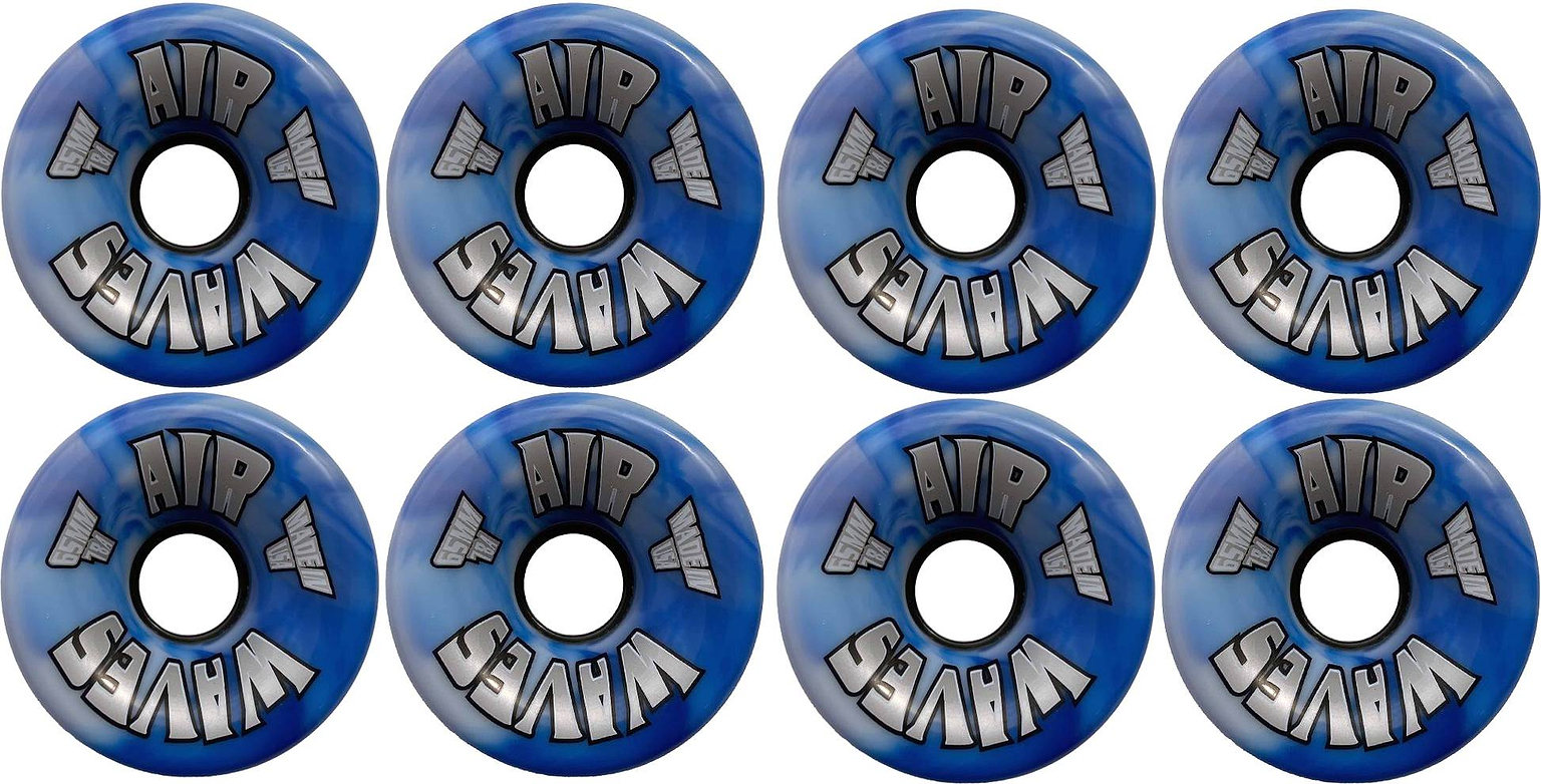 Eight Airwaves 78A Quad Roller Skate Wheels - Blue Swirl 65mm x 36mm (8 Pack) by Airwaves, arranged in two rows of four on a white background.