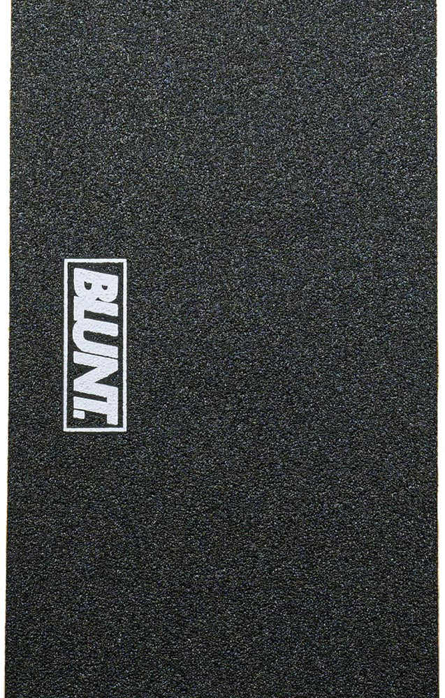 The Blunt Envy Basics Stunt Scooter Griptape - Box Logo features a rectangular sheet of black, rough-textured grip tape with the word “BLUNT.” displayed in bold white block letters inside a white rectangle on the left side. Add this essential Blunt Envy griptape to your scooter parts collection.