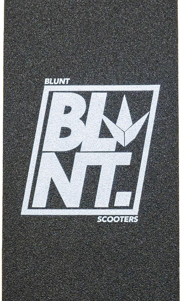 Close-up of the Blunt Envy Basics Stunt Scooter Griptape - Skewed in black coarse grit, with bold white “BLUNT SCOOTERS” and “BLNT.” text inside a rectangle, accompanied by a stylized logo above the “N”—a signature design from Blunt Envy.