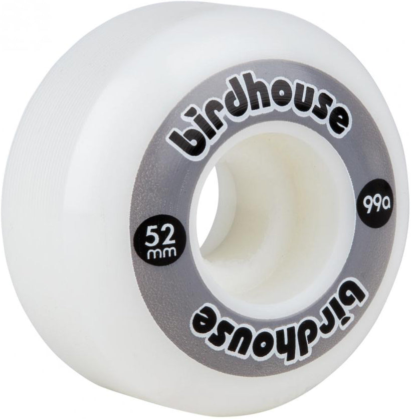 The Birdhouse Logo 52mm 99A Skateboard Wheel in Grey features a white design with a gray logo ring and is marked “52mm” and “99A” to indicate its size and hardness. Made from Super High Rebound urethane for a smooth ride, this Birdhouse skateboard wheel is presented against a white background.