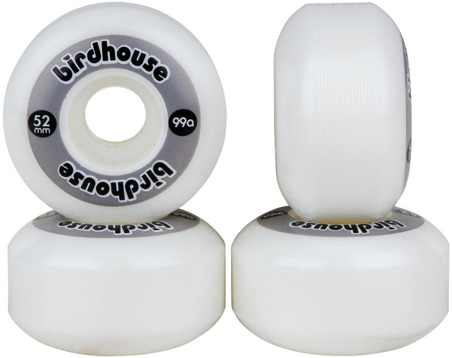 Four grey Birdhouse Logo 52mm 99A skateboard wheels are displayed, with two standing upright and two lying flat to show both side and profile views. Made from Super High Rebound urethane, these Birdhouse wheels offer excellent performance and durability for skateboarders.