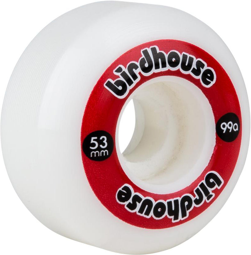 Introducing the Birdhouse Logo 53mm 99A Skateboard Wheels - Red by Birdhouse. Featuring a white wheel accented with a bold red ring and “birdhouse” branding, these wheels are constructed from Super High Rebound urethane for smooth performance and long-lasting durability. The “53mm 99A” markings in black and white showcase their size and hardness—making them an ideal choice for both street and park skating.