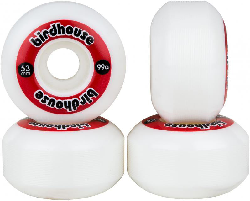 Four white Birdhouse Logo 53mm 99A Skateboard Wheels – Red, made from Super High Rebound urethane and featuring the red and black “Birdhouse” logo. Three wheels are stacked, with one standing upright to display the side design.