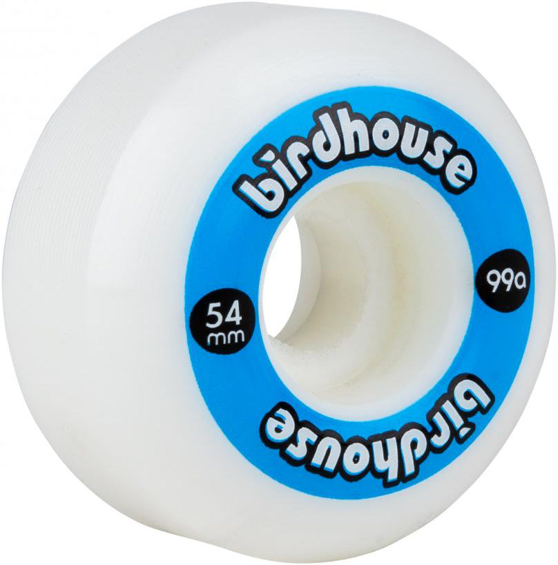 Introducing the Birdhouse Logo 54mm 99A Skateboard Wheels - Blue by Birdhouse. These high-performance wheels feature a white core with a blue rim and are labeled with “birdhouse,” “54 mm,” and “99a.” Crafted from Super High Rebound urethane, they deliver an ideal balance of grip and slide—perfect for riders who value quality, reliability, and top-tier performance in every session.