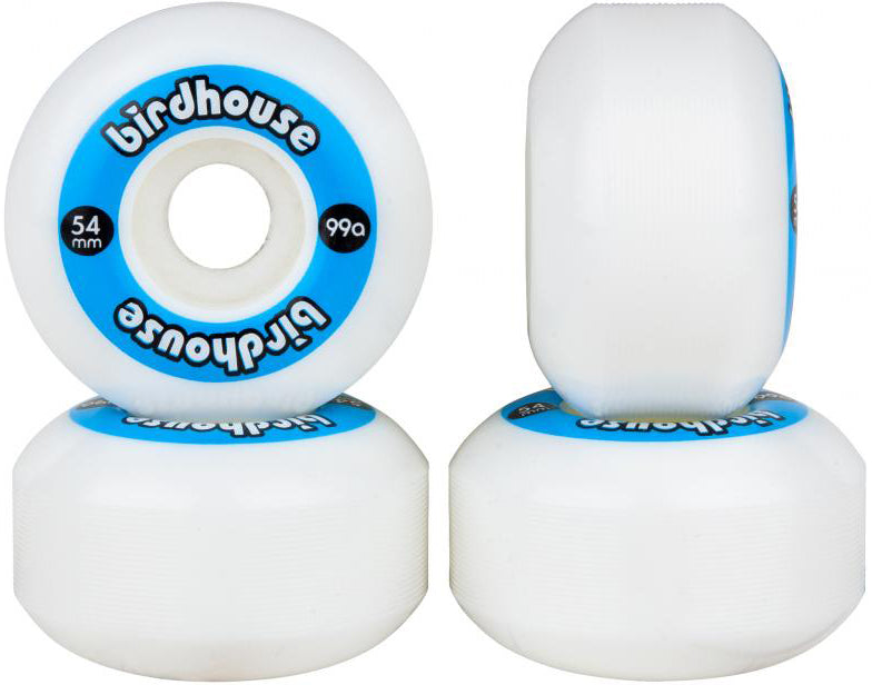 Four Birdhouse Logo 54mm 99A skateboard wheels in white, featuring blue and black Birdhouse branding. Made from Super High Rebound urethane for a smooth ride, three wheels are standing while one is upright to display the logo.