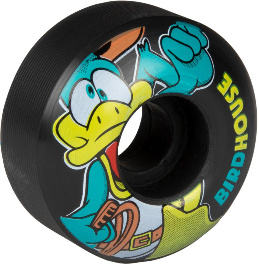 The Birdhouse Duck Jones 52mm 99A skateboard wheel in black features Super High Rebound urethane, a cartoon duck design, and the word “BIRDHOUSE” in yellow and blue lettering.