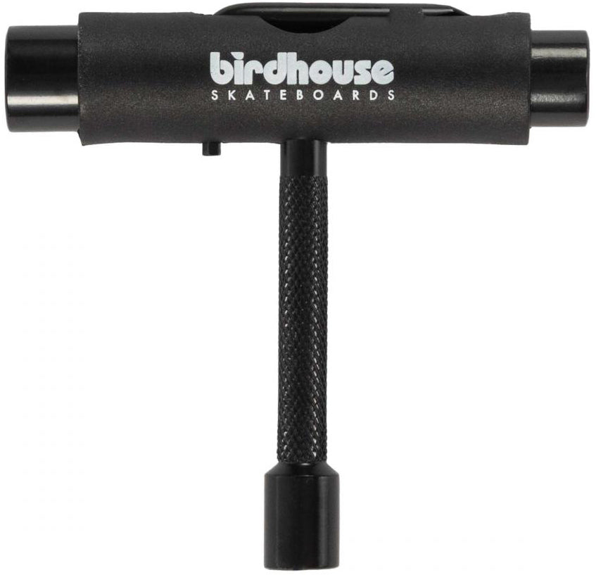 The Birdhouse Skateboard Multi T-Tool - Black by Birdhouse features a T-shaped design with three sockets and a textured handle, making it perfect for efficient skateboard maintenance. This versatile multi-tool is ideal for adjusting all your skateboard hardware.