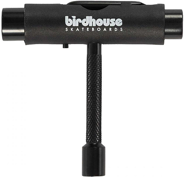 The Birdhouse Skateboard Multi T-Tool - Black by Birdhouse features a T-shaped design with three sockets and a textured handle, making it perfect for efficient skateboard maintenance. This versatile multi-tool is ideal for adjusting all your skateboard hardware.