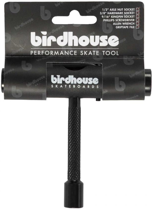 The Birdhouse Skateboard Multi T-Tool - Black is a versatile tool equipped with multiple sockets and an Allen wrench, specifically designed for efficient skateboard maintenance. The packaging displays the Birdhouse brand name along with the tool’s specifications.