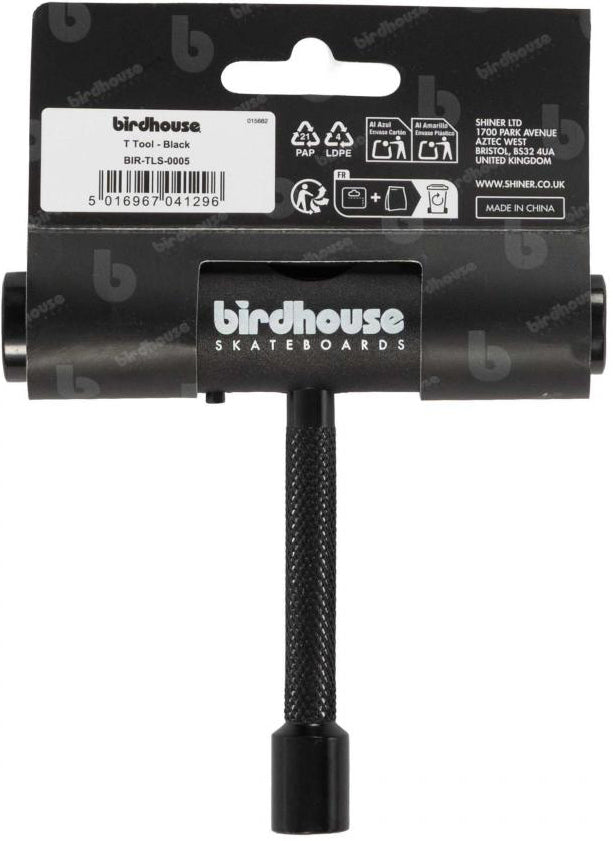 A Birdhouse Skateboard Multi T-Tool - Black in its packaging, displaying the Birdhouse logo, barcode, company contact details, and product information on a gray background—ideal for skateboard maintenance and repairs.
