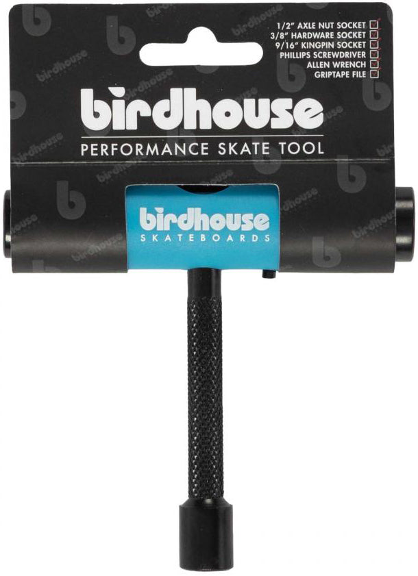 The Birdhouse Skateboard Multi T-Tool - Blue by Birdhouse is a versatile skate tool featuring multiple sockets, a screwdriver, and a grip tape file—ideal for all your skateboard maintenance needs.