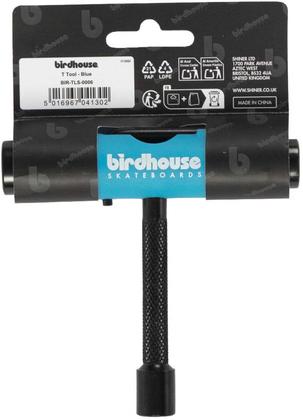 The Birdhouse Skateboard Multi T-Tool - Blue by Birdhouse, designed for easy skateboard maintenance and assembly, is displayed in its original packaging featuring product details and a barcode.