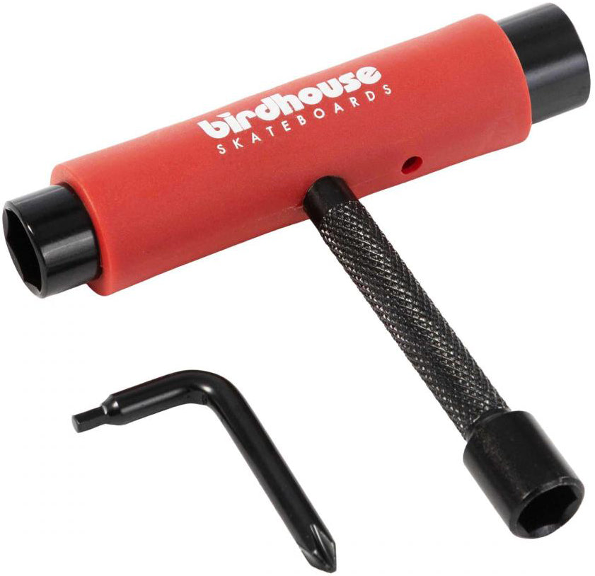 The Birdhouse Skateboard Multi T-Tool - Red by Birdhouse is a T-shaped tool designed for skateboard maintenance, featuring black sockets and a removable black Allen wrench and Phillips head screwdriver.