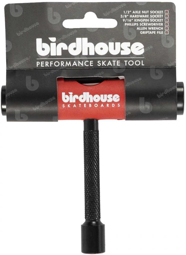 The Birdhouse Skateboard Multi T-Tool - Red is a versatile skate tool by Birdhouse designed for comprehensive skateboard maintenance. It features labeled sockets for axle nuts, hardware, and kingpin, as well as integrated Phillips screwdriver, Allen wrench, and griptape file—ensuring you have everything needed to keep your board in top condition.