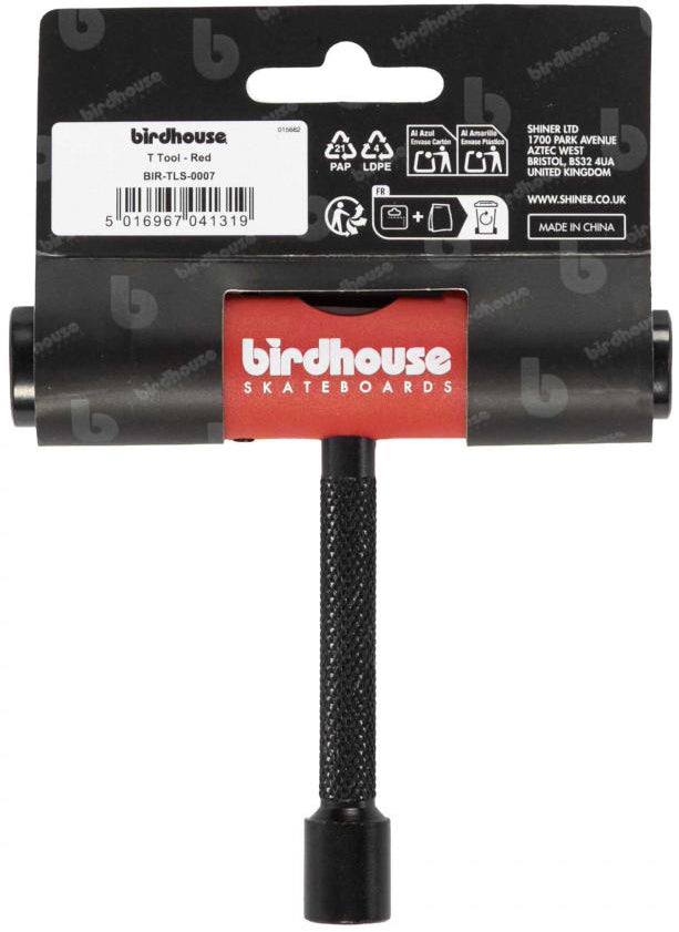 A Birdhouse Skateboard Multi T-Tool - Red by Birdhouse, still sealed in its packaging with product information and a barcode. This versatile tool is designed to make skateboard assembly and maintenance simple and convenient.