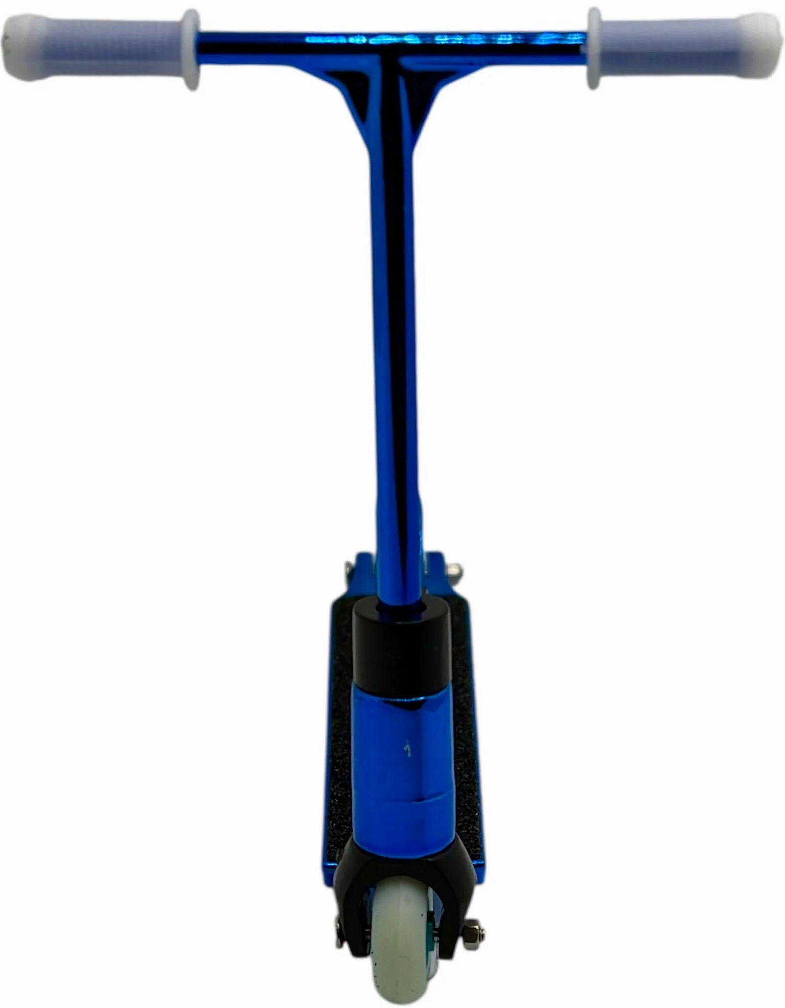 Front view of the Finger Whips Finger Toy Scooter - Blue Chrome by Finger Whips, featuring white handle grips and one visible wheel—ideal for practicing Finger Whips and other tricks.
