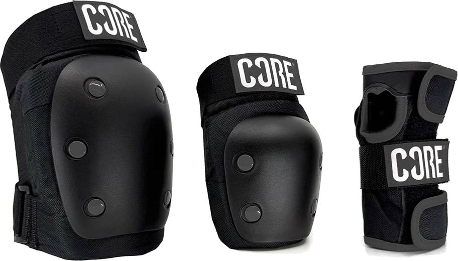 The CORE Adult Triple Skate Protection Pad Set - Stealth features black adult knee and elbow pads plus wrist guards with “CORE” branding, shown side by side on a white background.