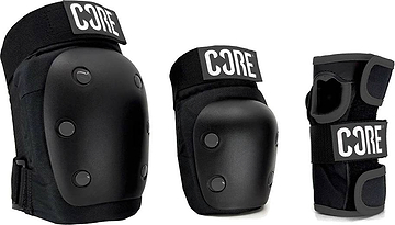 The CORE Adult Triple Skate Protection Pad Set - Stealth features black adult knee and elbow pads plus wrist guards with “CORE” branding, shown side by side on a white background.