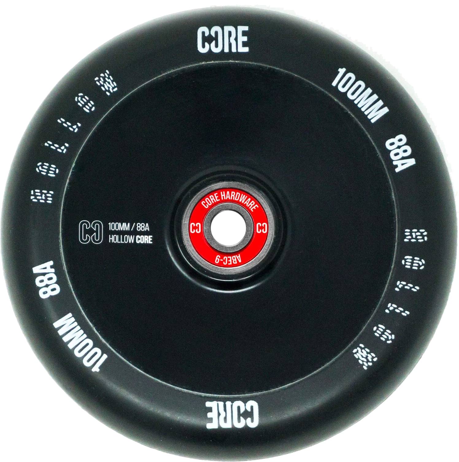 The CORE Hollow Core V2 100mm Stunt Scooter Wheel - Black features a hollow core, white “CORE” and “HOLLOW CORE” print, and a red CORE ABEC 9 bearing in the center.