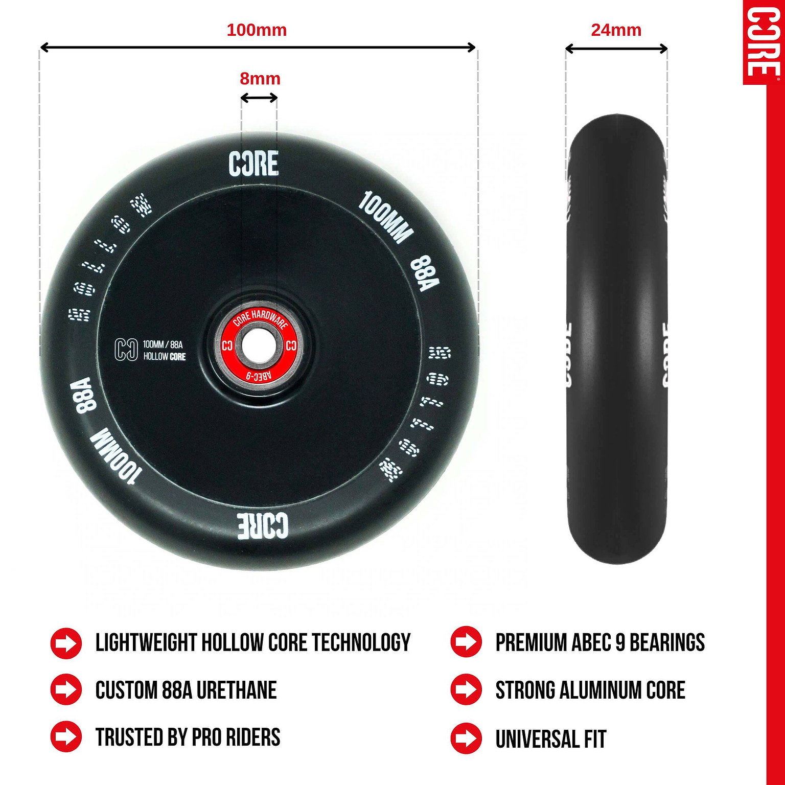 CORE Hollow Core V2 100mm Stunt Scooter Wheel - Black: features strong aluminum hollow core, premium CORE ABEC 9 bearings, 88A urethane, red branding, universal fit—trusted by pros and shown from front and side.