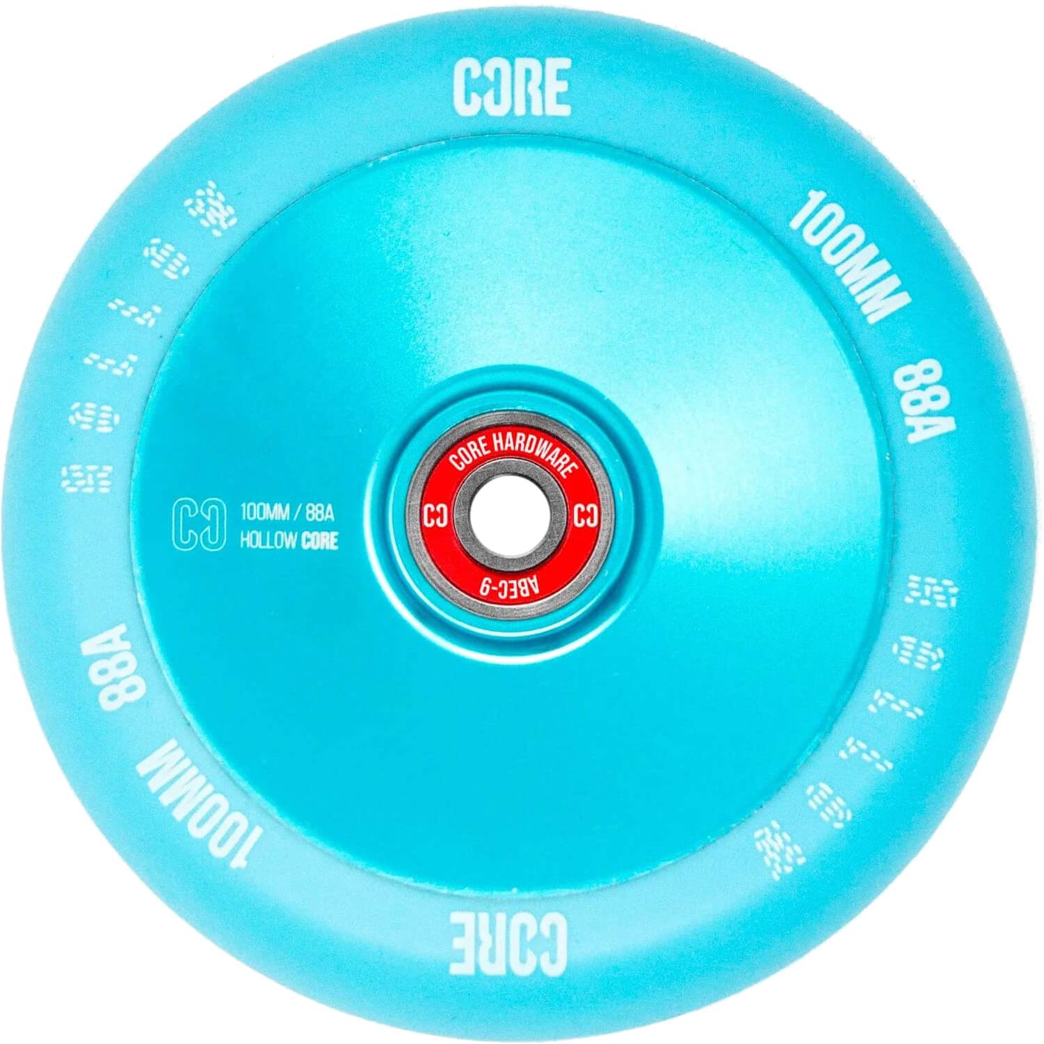 The CORE Hollow Core V2 100mm Stunt Scooter Wheel - Mint Blue features “CORE” branding, “100MM 88A” on the rim, a red hollow core, and metallic CORE ABEC 9 bearings for smooth rides.