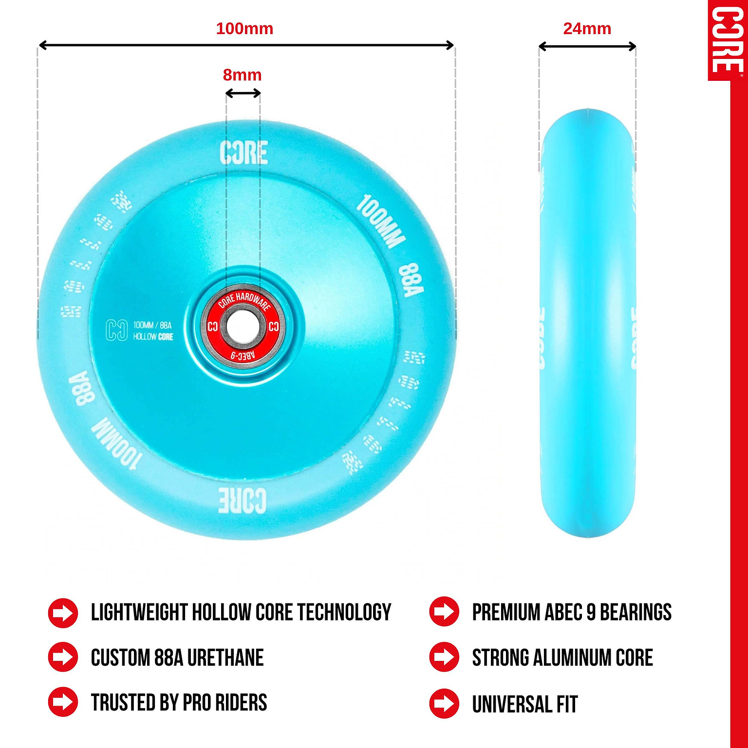 CORE Hollow Core V2 100mm Stunt Scooter Wheel - Mint Blue shown in front and side views, features a lightweight aluminum core, custom urethane, CORE ABEC 9 bearings, and is trusted by pro riders.