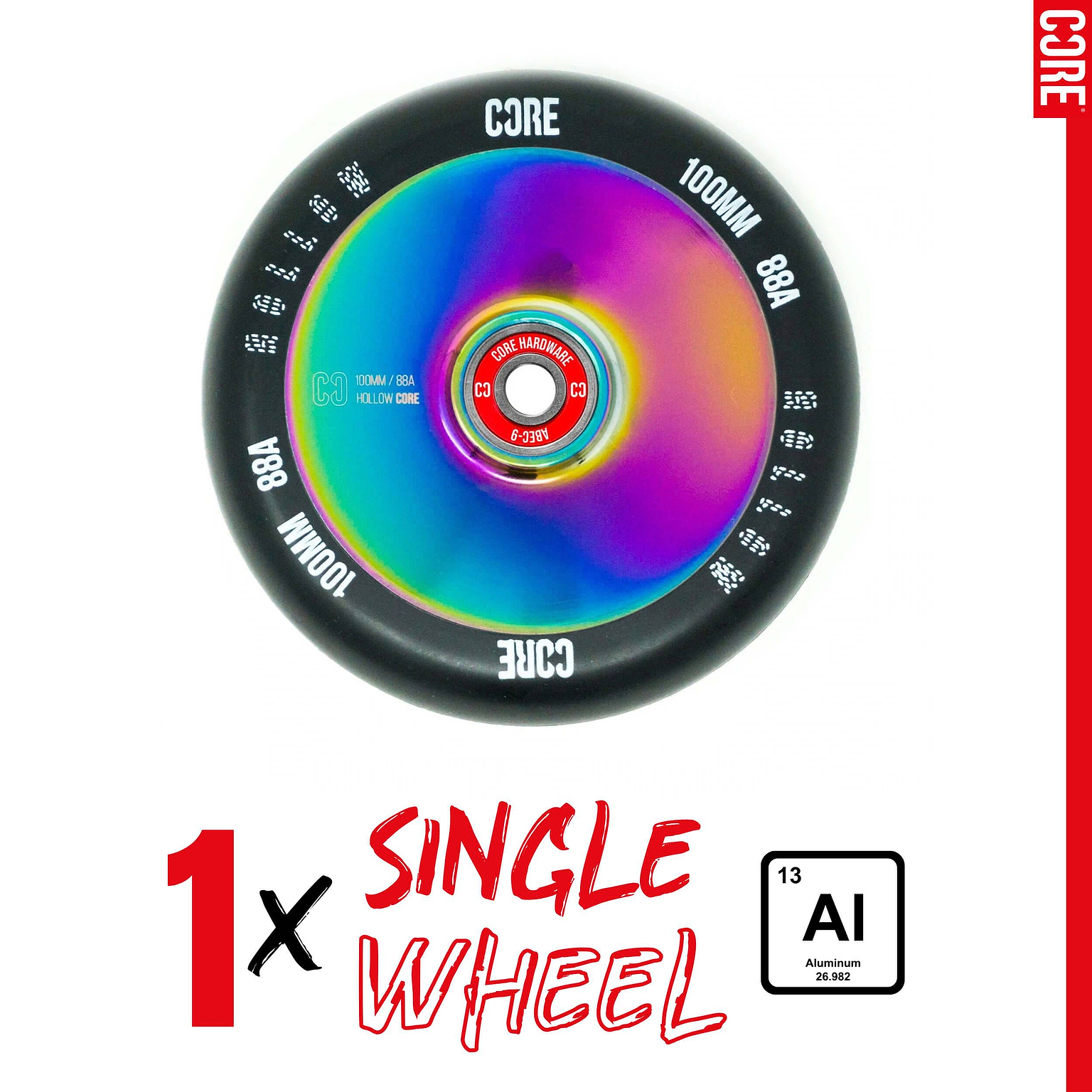 The CORE Hollow Core V2 100mm Stunt Scooter Wheel - Neochrome features bold “CORE” branding, 88A hardness, an aluminum core, and comes as 1x SINGLE WHEEL with an aluminum symbol.