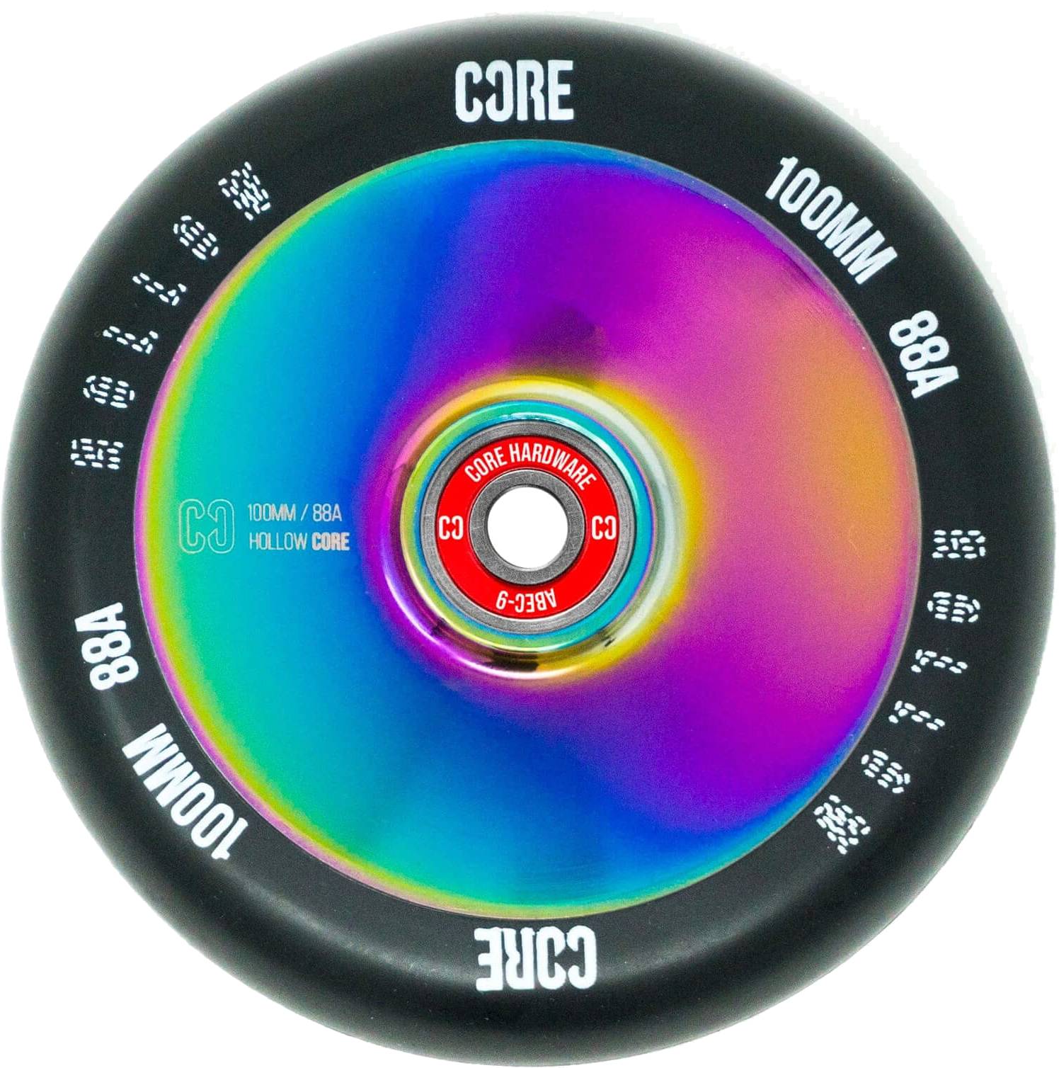 The CORE Hollow Core V2 100mm Stunt Scooter Wheel - Neochrome features a black tire, neochrome metallic core, “CORE” branding, “100MM,” “88A,” and white logos/text around the edge.