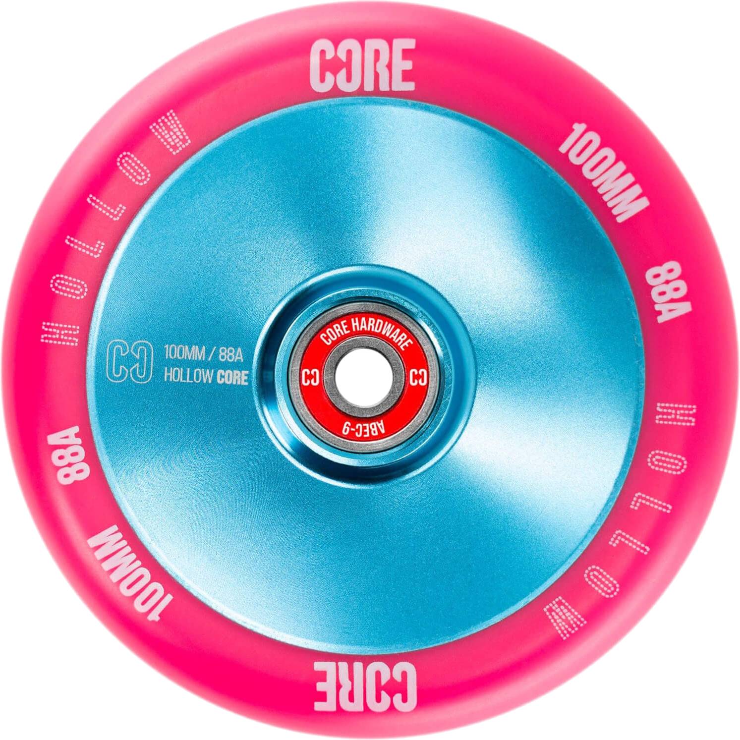 The CORE Hollow Core V2 100mm Stunt Scooter Wheel - Pink / Blue features a shiny blue core, vibrant pink rim, “CORE HOLLOW,” “88A,” and “CORE HARDWARE” text.