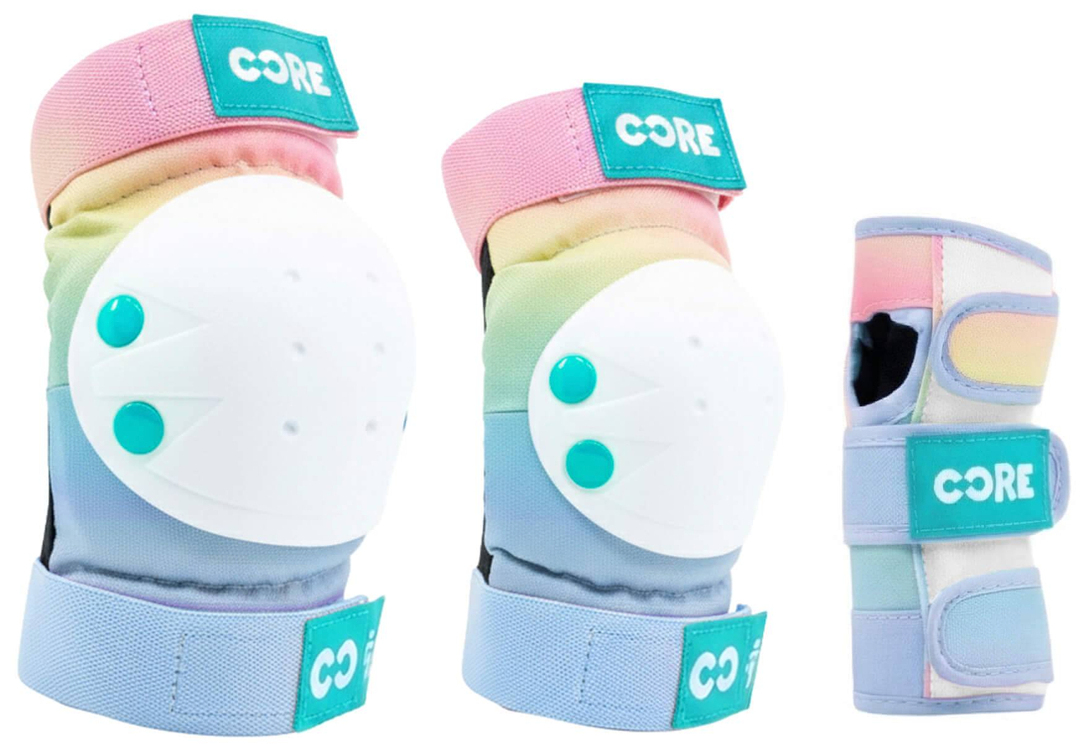 The CORE Junior Triple Skate Protection Pad Set - Pop includes pastel-colored knee/elbow pads with white hard shells and a wrist guard, all with teal patches featuring the “CORE” label.