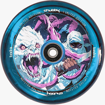 The Chubby Hollowcore 110mm Stunt Scooter Wheel - Arctic by Chubby showcases a blue design with artwork of a fierce white yeti baring sharp teeth and a hooded figure holding a knife, all set against a snowy night sky. The rim is marked with “Limited Edition” and “Lunar.”.