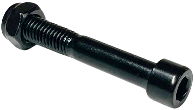 The CORE Replacement 58mm Stunt Scooter Front Axle Bolt, black with a hexagonal head and cylindrical socket cap, is shown on a white background. Perfect as a replacement front axle for stunt scooters.