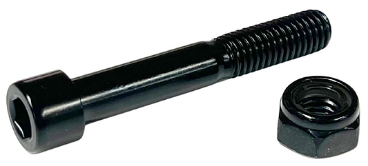 The CORE Replacement 58mm Stunt Scooter Front Axle Bolt by CORE, shown with a matching black hex nut on a white background, features partial threading and a cylindrical hex socket cap—ideal for replacing your scooter's front axle.
