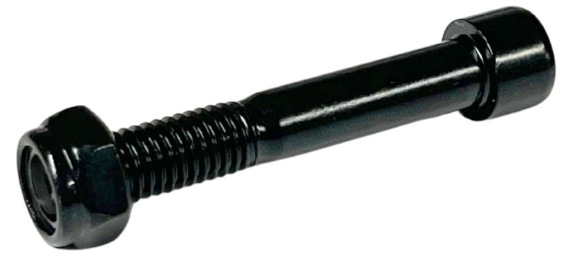 A close-up of the CORE Replacement 58mm Stunt Scooter Front Axle Bolt, a black metal hex bolt with a partially threaded shaft, ideal for use as a scooter front axle or replacement stunt scooter axle, isolated on white.