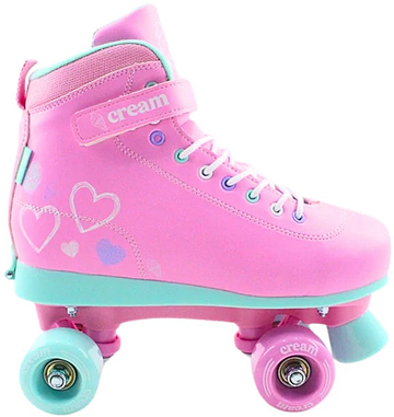 Bright and playful, the CREAM Scoop Hearts Adjustable Quad Roller Skates in pink and teal feature charming heart accents, pastel laces, and a signature "CREAM" strap. Designed for beginners, these retro-inspired skates offer an adjustable quad construction with eye-catching pink and teal wheels—perfect for skating in fun style.