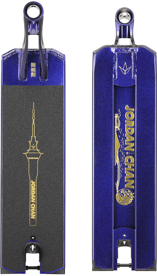 Two views of the Blunt Envy AOS V6 Jordan Chan Signature Stunt Scooter Deck – 6.5″ x 22.5″: the top showcases a gold tower graphic featuring Jordan Chan’s signature, while the bottom displays matching gold designs and lettering, all set against a dark, glittery background from Blunt Envy.