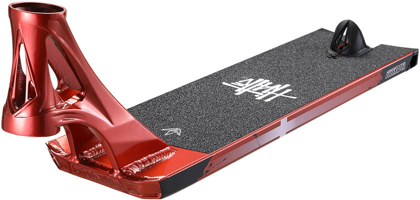 The Blunt Envy AOS V6 Happy Hjalte Signature Stunt Scooter Deck - 5.5″ x 21″ is a red metal deck featuring a black grip tape top adorned with white graphics and an open head tube design. Inspired by the Blunt Envy AOS V6 Hjalte Signature series, the rear of the deck includes a wheel mount and brake.