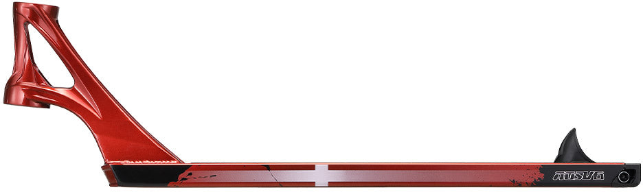 A Blunt Envy AOS V6 Happy Hjalte Signature Stunt Scooter Deck in red, measuring 5.5″ x 21″, features a white cross design along the side, a cutout headtube, and a black rear brake, inspired by the Hjalte Signature style.
