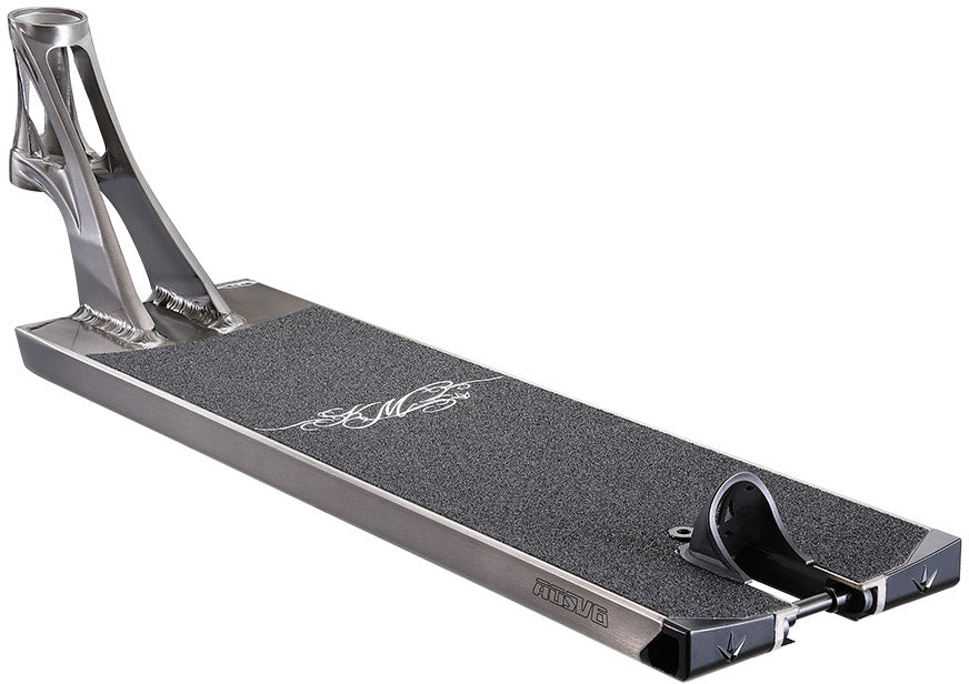 A close-up of the Blunt Envy AOS V6 Kai Martin Signature Stunt Scooter Deck - 6.5″ x 23″ features its silver finish, black grip tape, detailed logo, and front headset cup. The deck is angled to highlight the headtube and foot area.