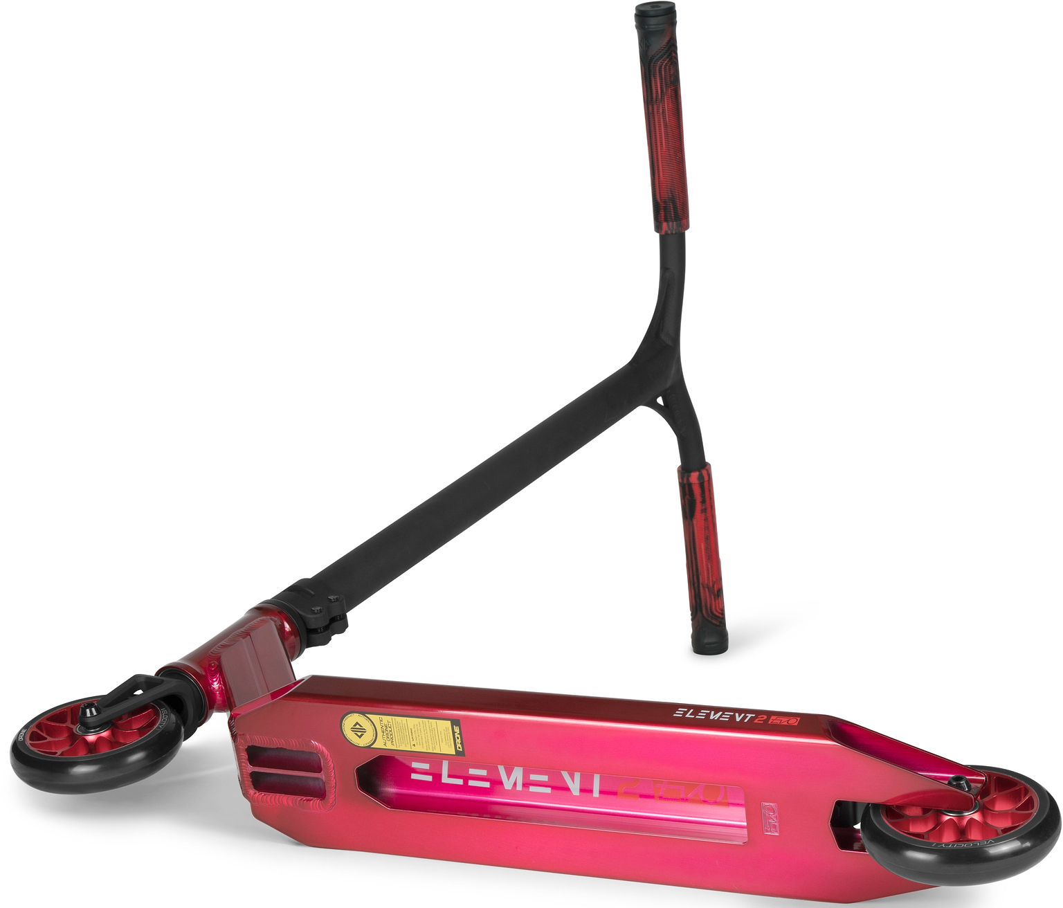 Drone Element 2 Evo Complete Stunt Scooter in translucent red with black handlebars, grips, and wheels with red centers, designed for intermediate to advanced riders.