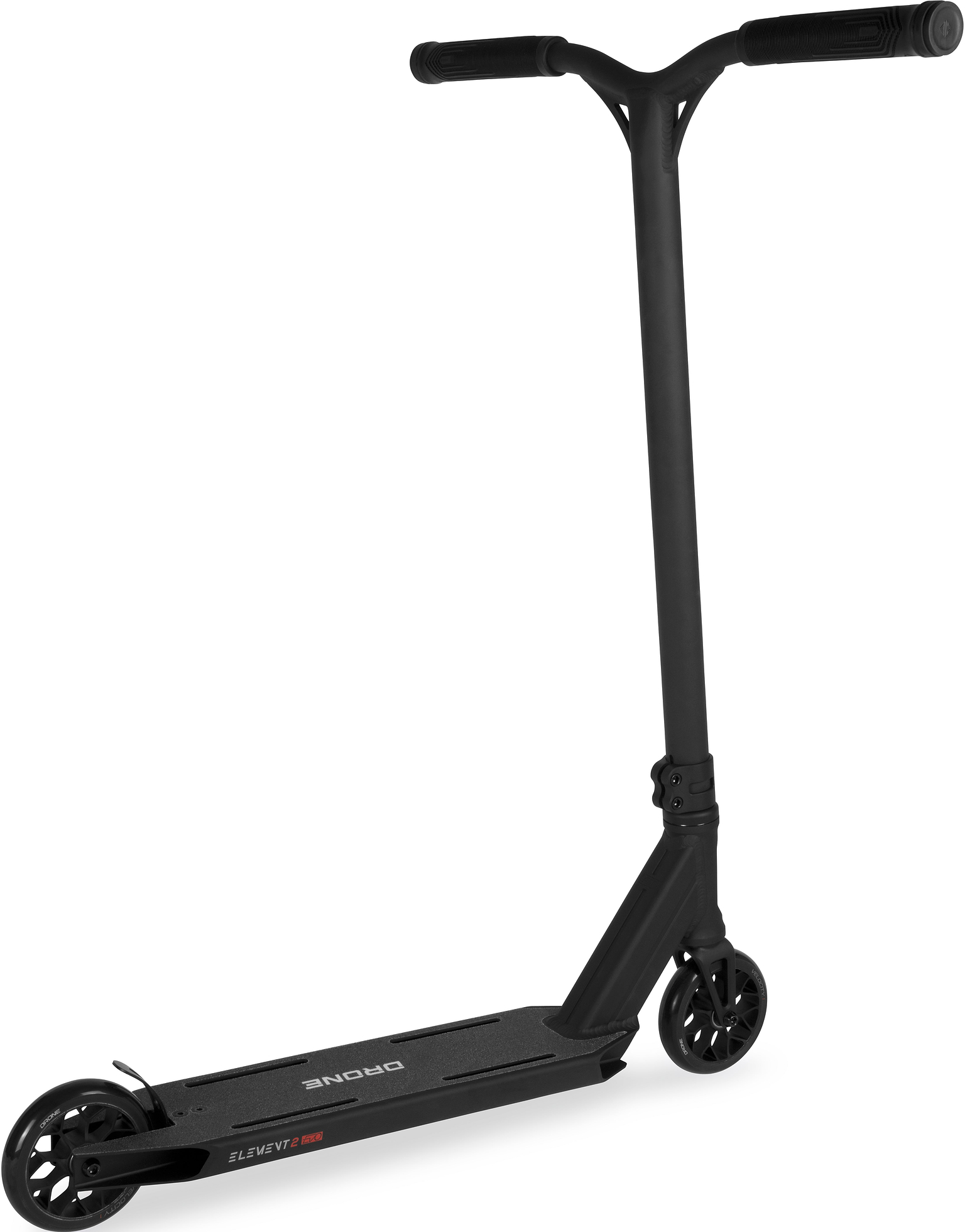 Drone Element 2 Evo Complete Stunt Scooter in all-black, featuring a tall T-bar handle and spoked wheels, designed as a feather-light ride for intermediate to advanced riders.