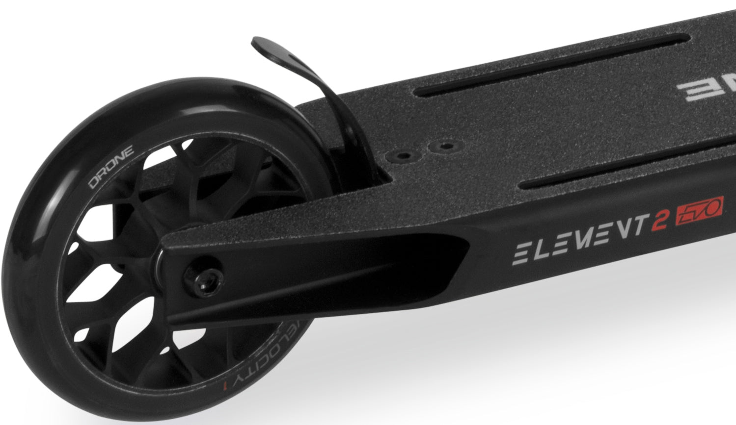 Close-up of the black Drone Element 2 Evo Complete Stunt Scooter deck and rear wheel, with “ELEMENT 2 EVO” printed on the side.